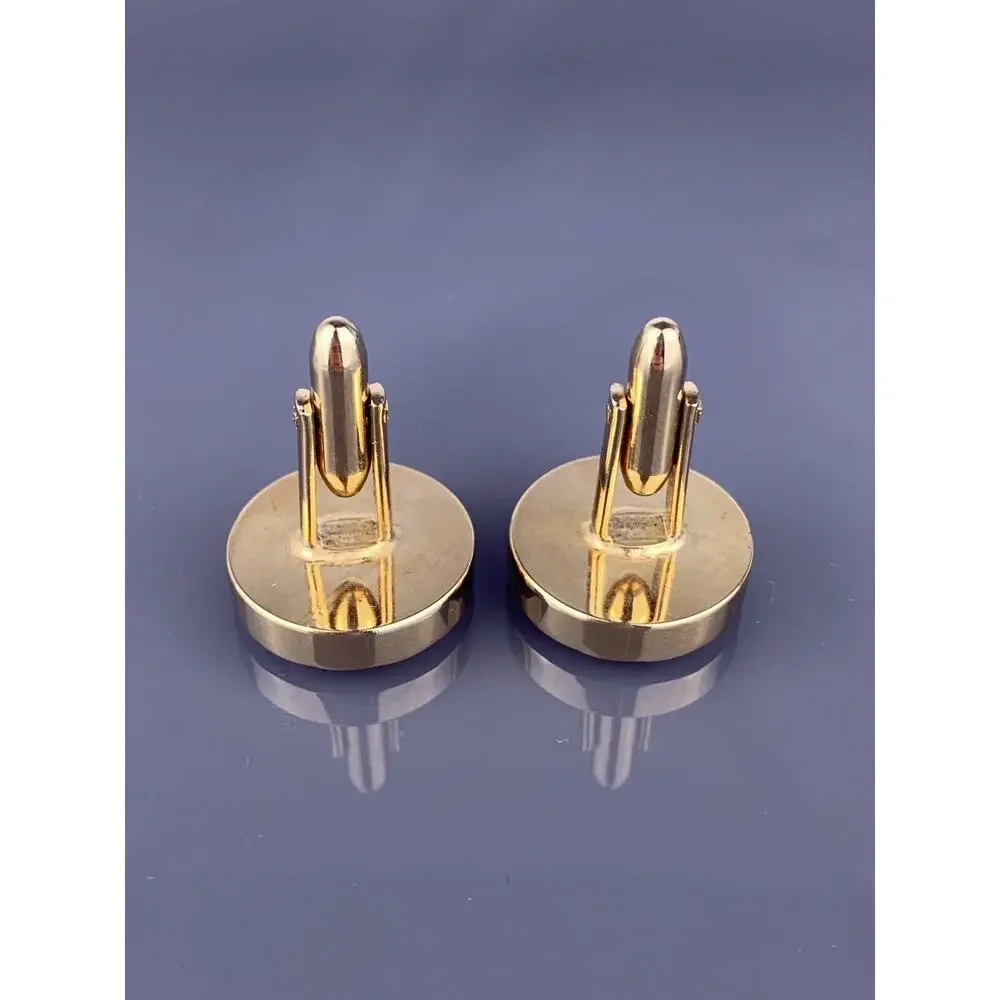 Round Black Obsidian Gold Tone Cufflinks Diamond Cut Edge Hickok Vintage